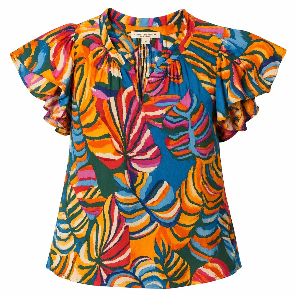 Christian Siriano Multicolor Tropical Ruffle Sleeve Top Blue/Orange Women Med